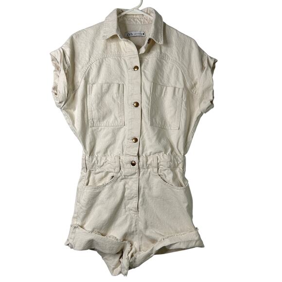 Zara Denim Utility Playsuit Beige Tan Women’s Small Short Sleeve Romper - Picture 1 of 9